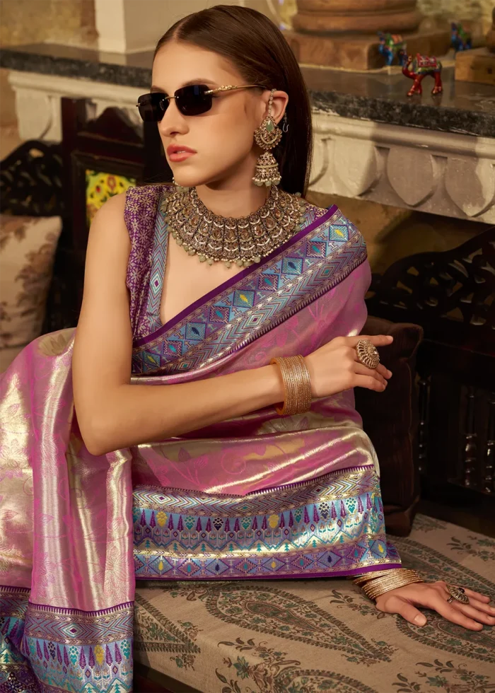 Pink Paithani Silk Saree with Purple Blouse