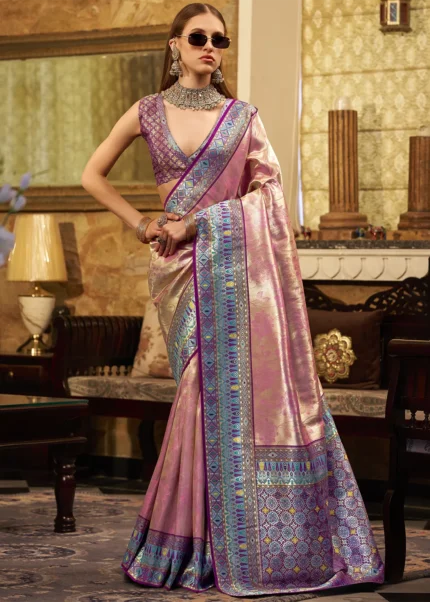 Pink Paithani Silk Saree with Purple Blouse