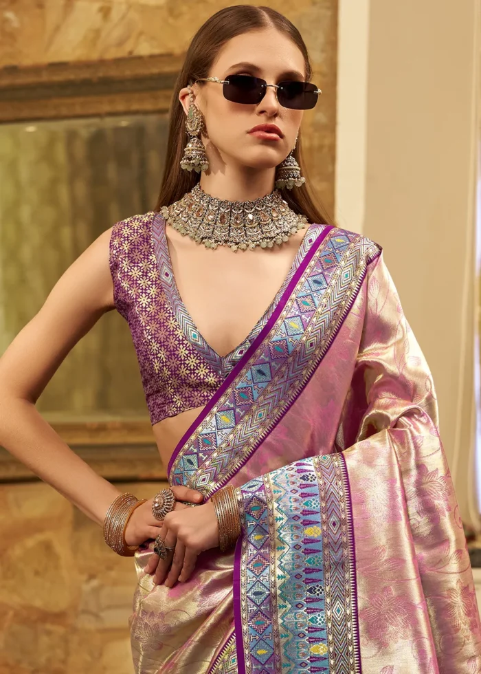 Pink Paithani Silk Saree with Purple Blouse