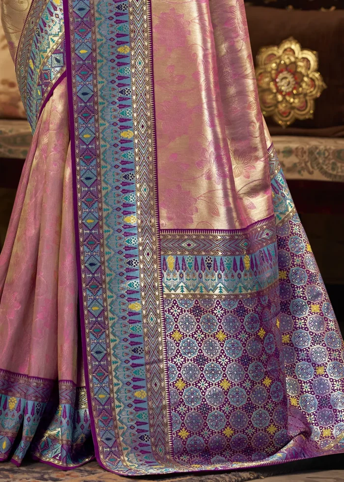 Pink Paithani Silk Saree with Purple Blouse