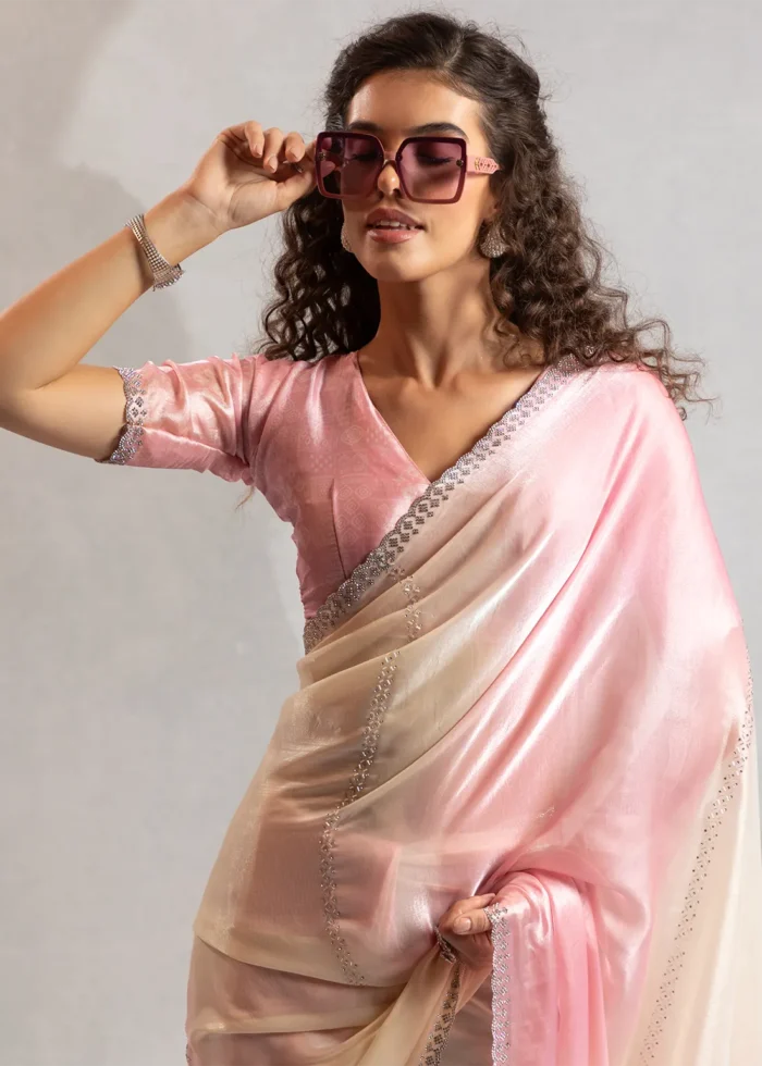 Pink and White Organza Saree with Stone Work