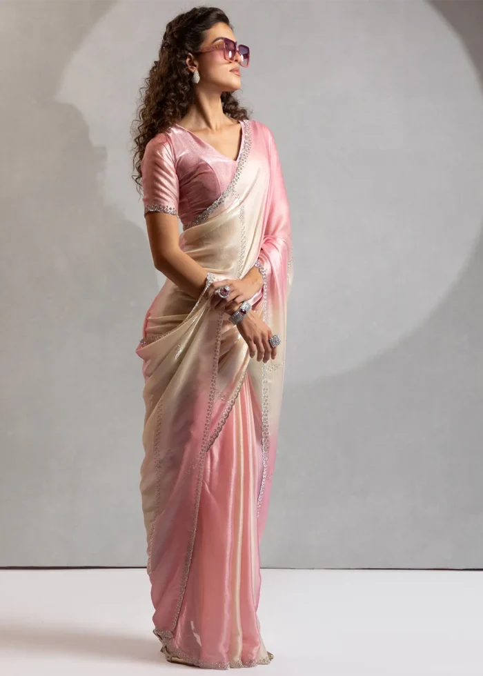 Pink and White Organza Saree with Stone Work