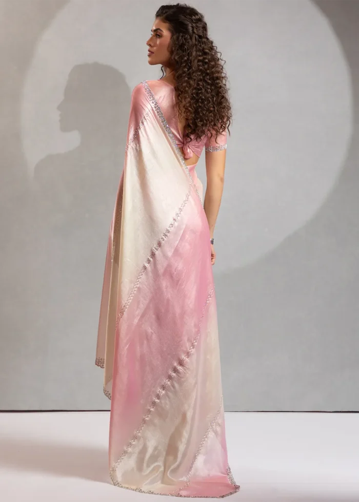 Pink and White Organza Saree with Stone Work