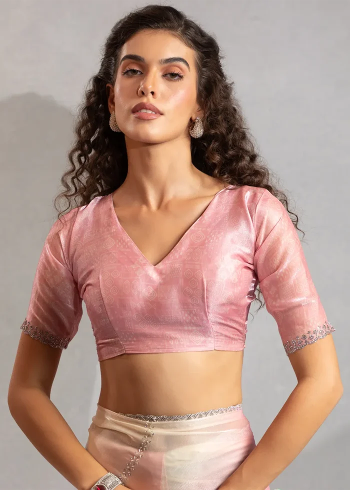 Pink and White Organza Saree with Stone Work