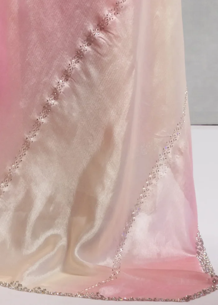 Pink and White Organza Saree with Stone Work