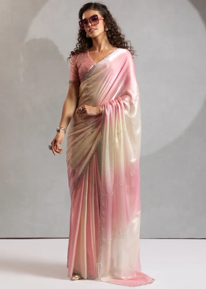 Pink and White Organza Saree with Stone Work