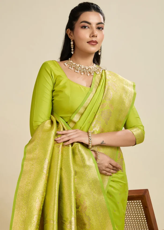 Pista Green Banarasi Silk Saree with Golden Zari Floral Weaving