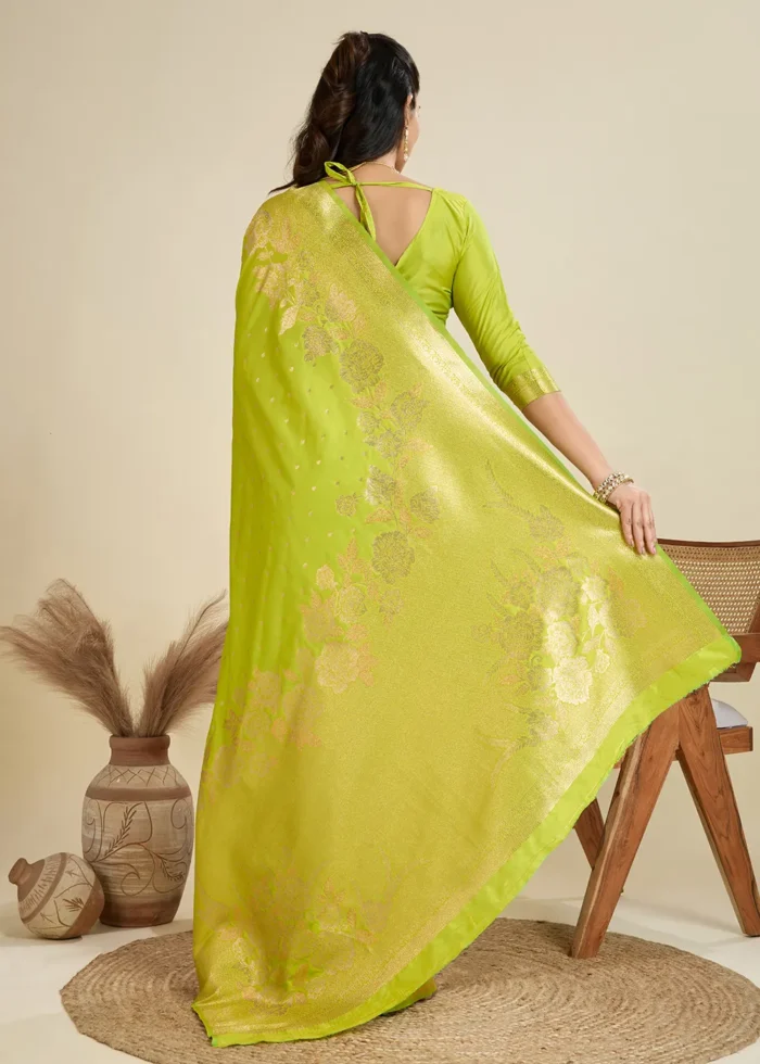 Pista Green Banarasi Silk Saree with Golden Zari Floral Weaving