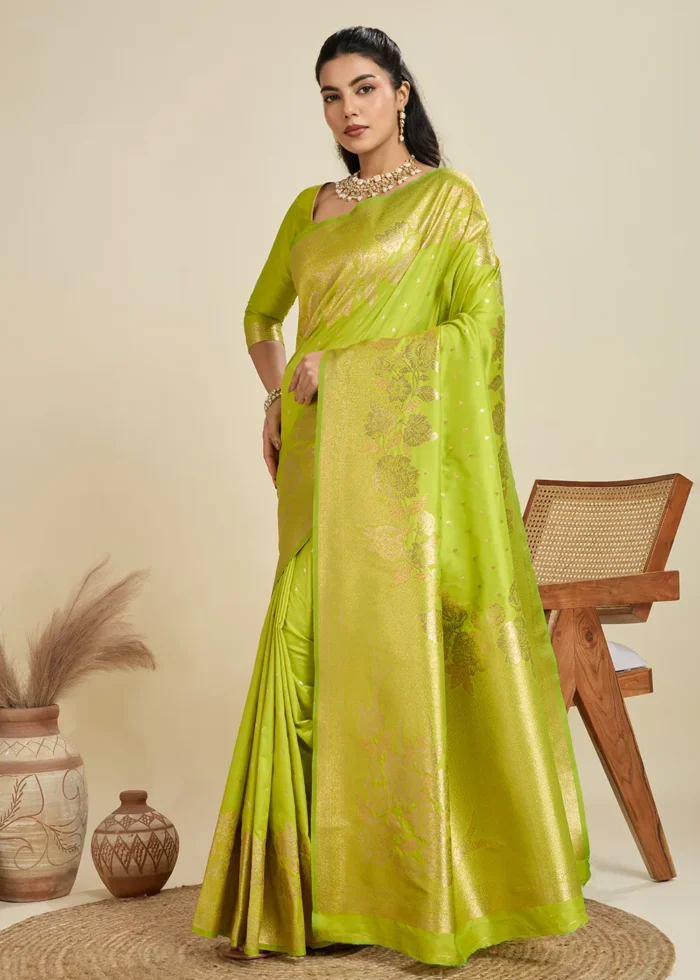 Pista Green Banarasi Silk Saree with Golden Zari Floral Weaving