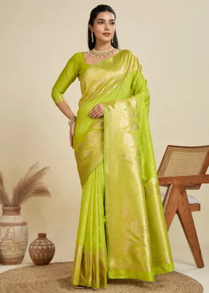 Pista Green Banarasi Silk Saree with Golden Zari Floral Weaving