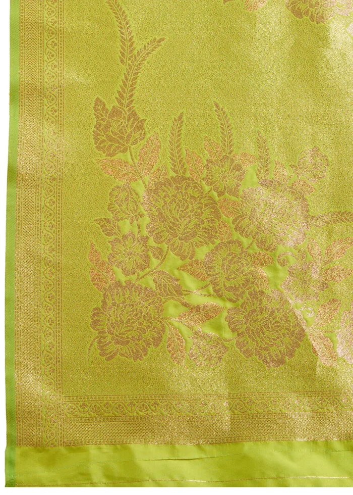 Pista Green Banarasi Silk Saree with Golden Zari Floral Weaving