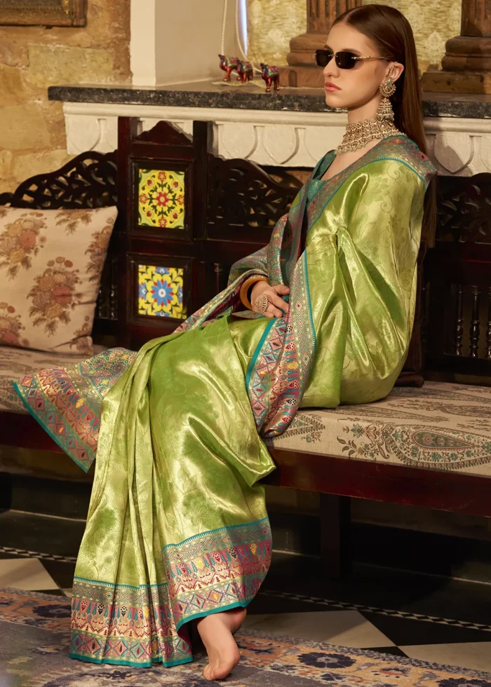 Pista Green Paithani Silk Saree with Dark Green Blouse