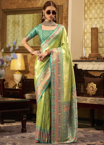 Pista Green Paithani Silk Saree with Dark Green Blouse