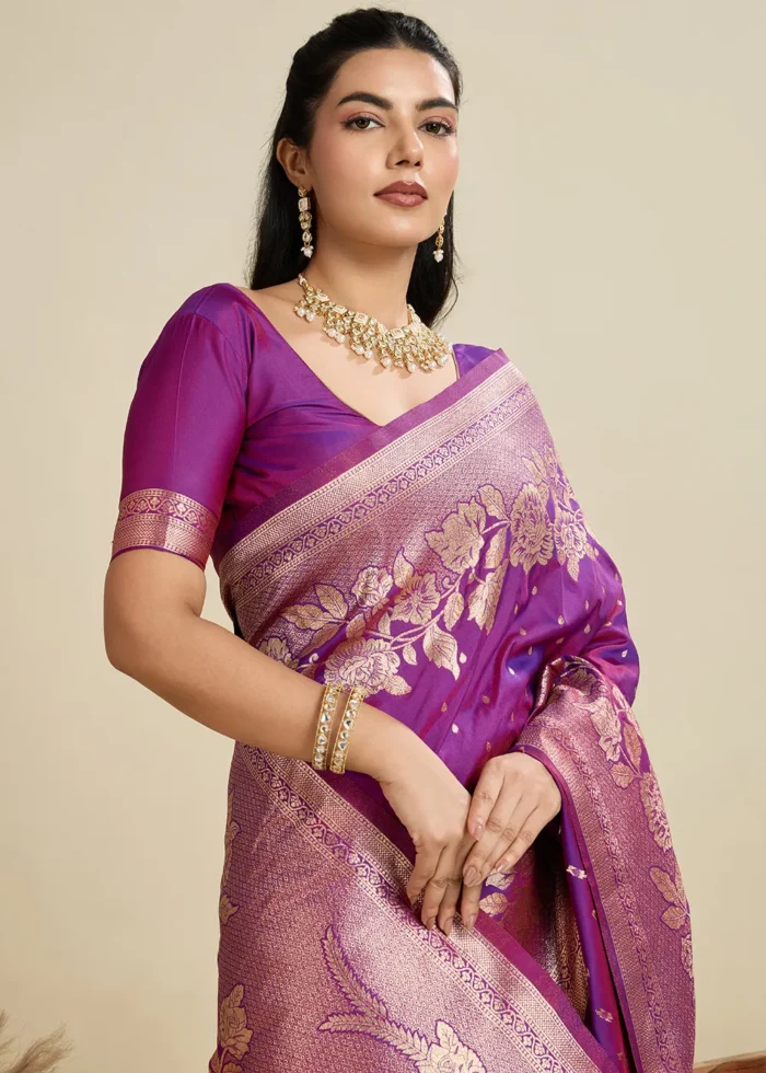 Purple Banarasi Silk Saree with Golden Zari Floral Weaving