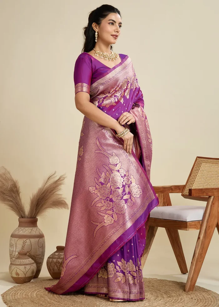 Purple Banarasi Silk Saree with Golden Zari Floral Weaving