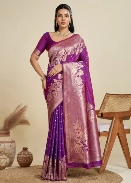 Purple Banarasi Silk Saree with Golden Zari Floral Weaving