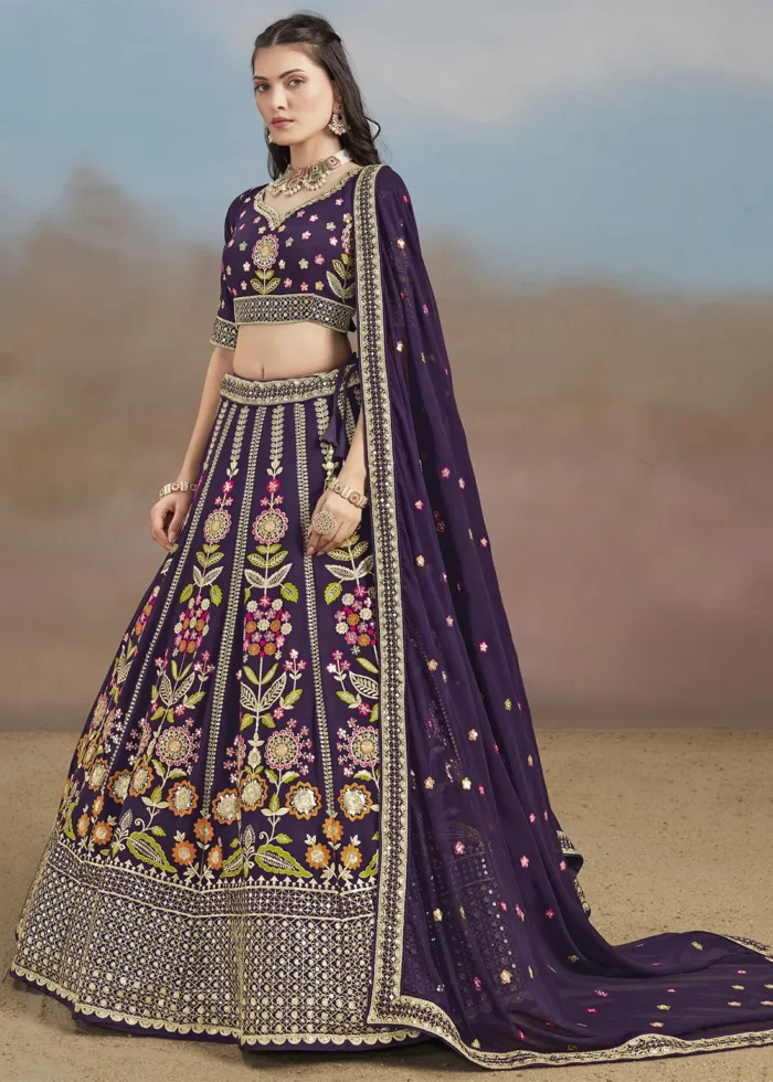 Purple Georgette Embroidered Lehenga Choli