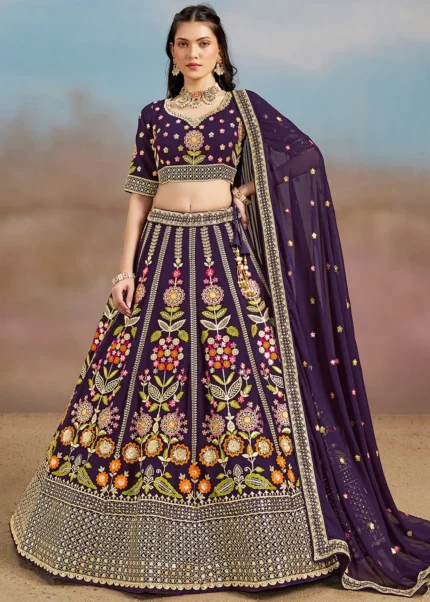 Purple Georgette Embroidered Lehenga Choli
