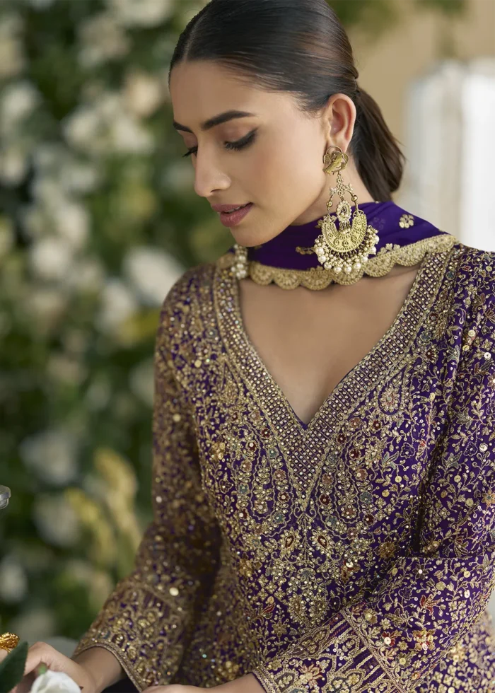 Purple Georgette Palazzo Suit with Embroidery and Stone Work
