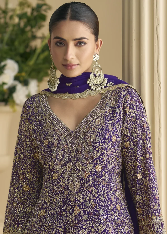 Purple Georgette Palazzo Suit with Embroidery and Stone Work