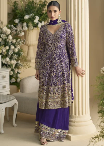 Purple Georgette Palazzo Suit with Embroidery and Stone Work