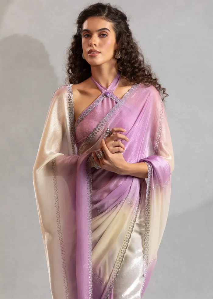 Purple and White Organza Saree with Stone Work