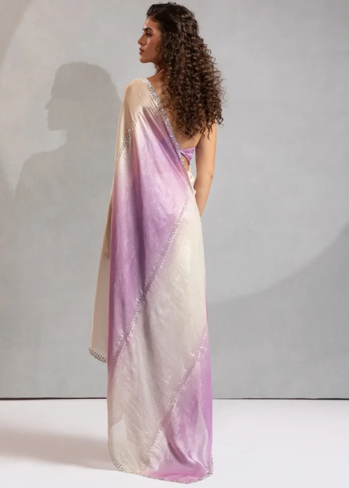 Purple and White Organza Saree with Stone Work
