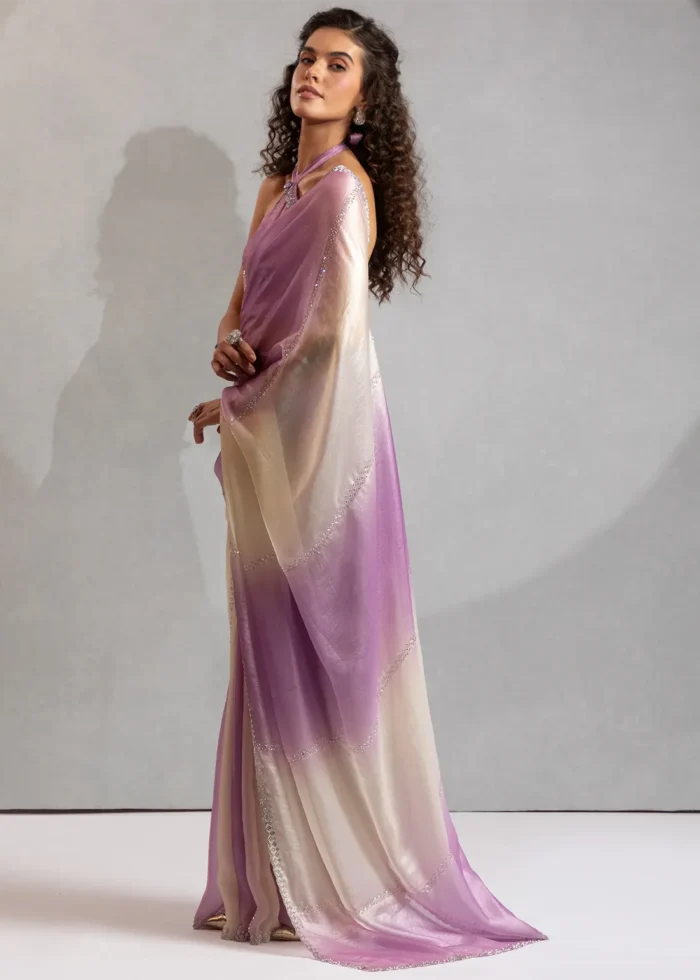 Purple and White Organza Saree with Stone Work