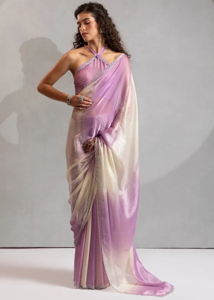 Purple and White Organza Saree with Stone Work
