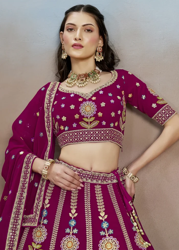 Raspberry Pink Georgette Embroidered Lehenga