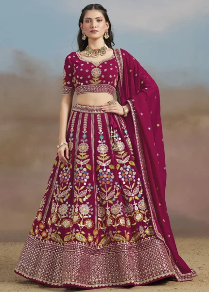 Raspberry Pink Georgette Embroidered Lehenga