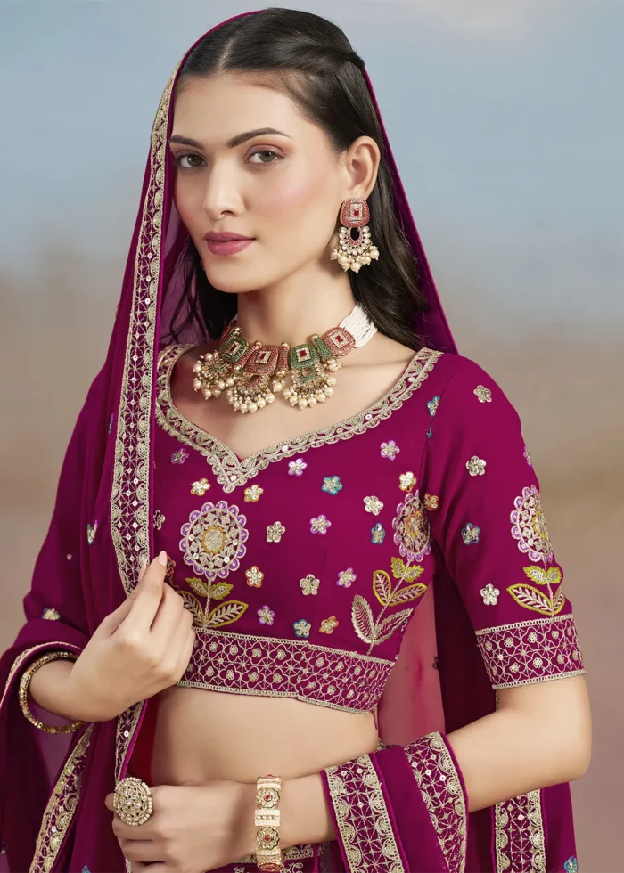 Raspberry Pink Georgette Embroidered Lehenga