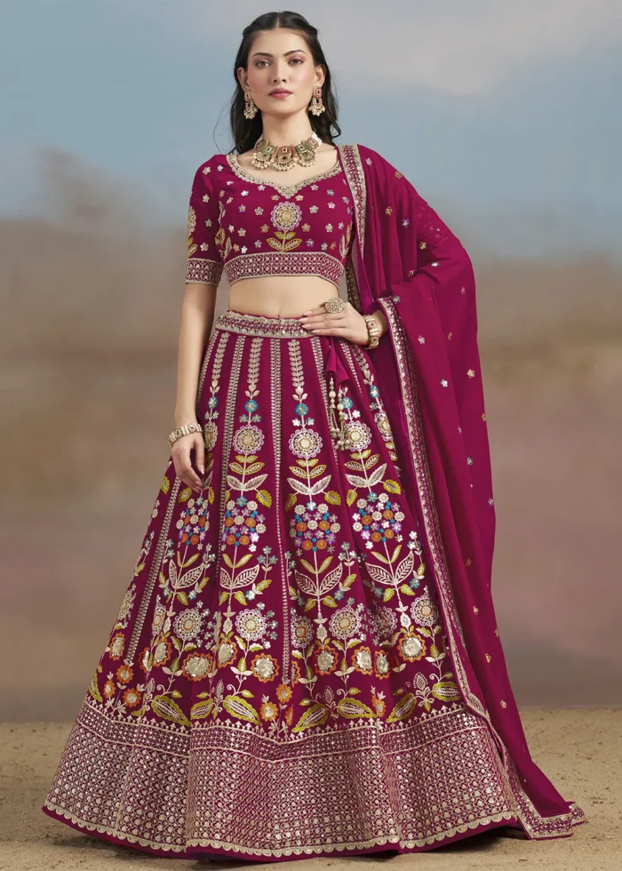 Raspberry Pink Georgette Embroidered Lehenga