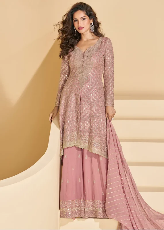 Rose Pink Embroidered Georgette Palazzo Suit with Stone Work