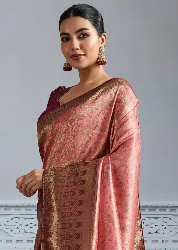 Rose Pink & Maroon Kanjivaram Silk Saree