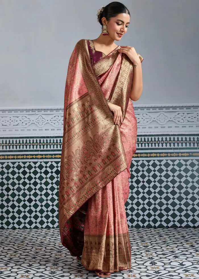 Rose Pink & Maroon Kanjivaram Silk Saree