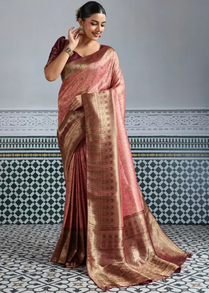 Rose Pink & Maroon Kanjivaram Silk Saree