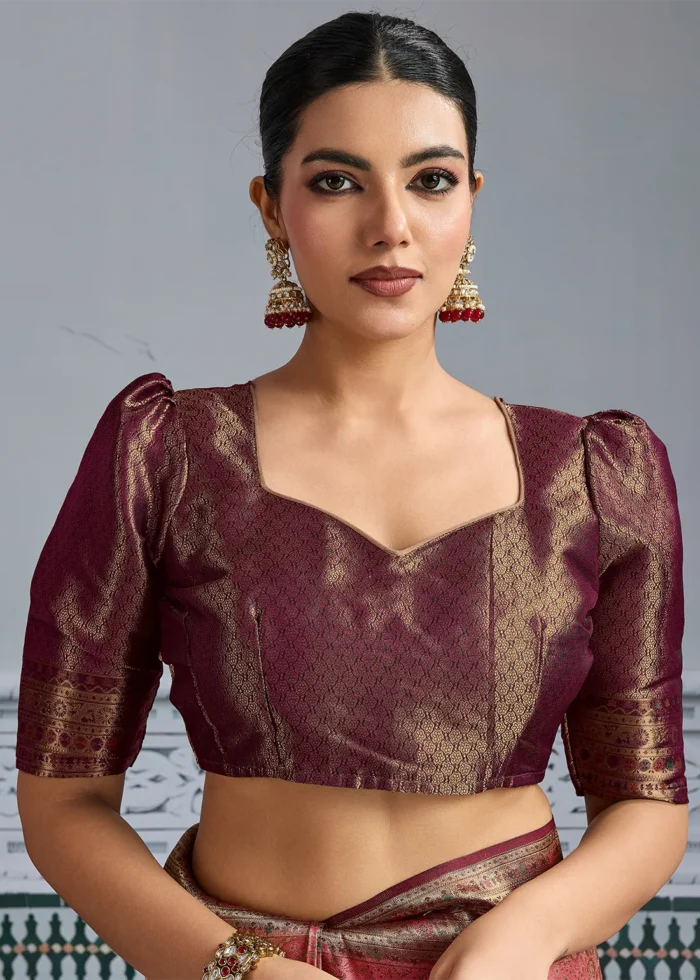 Rose Pink & Maroon Kanjivaram Silk Saree