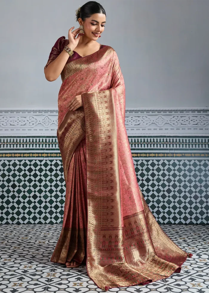 Rose Pink & Maroon Kanjivaram Silk Saree