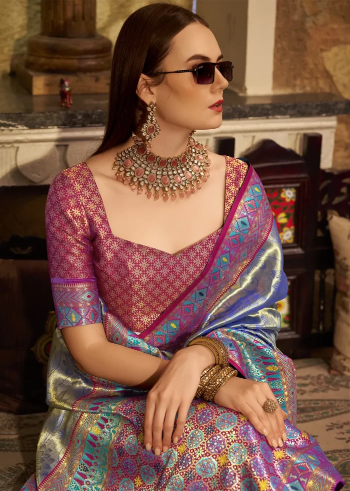 Royal Blue Paithani Silk Saree with Magenta Blouse