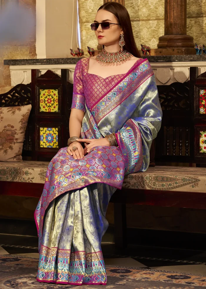 Royal Blue Paithani Silk Saree with Magenta Blouse
