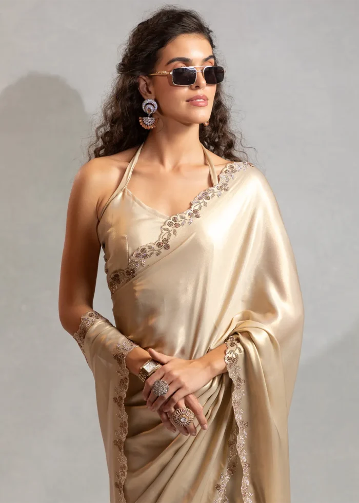 Scalloped Beige Satin Georgette Saree