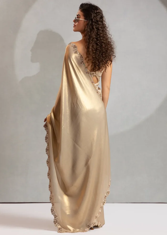 Scalloped Beige Satin Georgette Saree