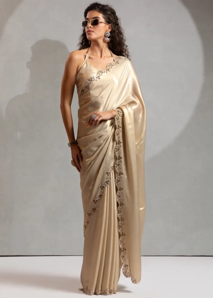 Scalloped Beige Satin Georgette Saree