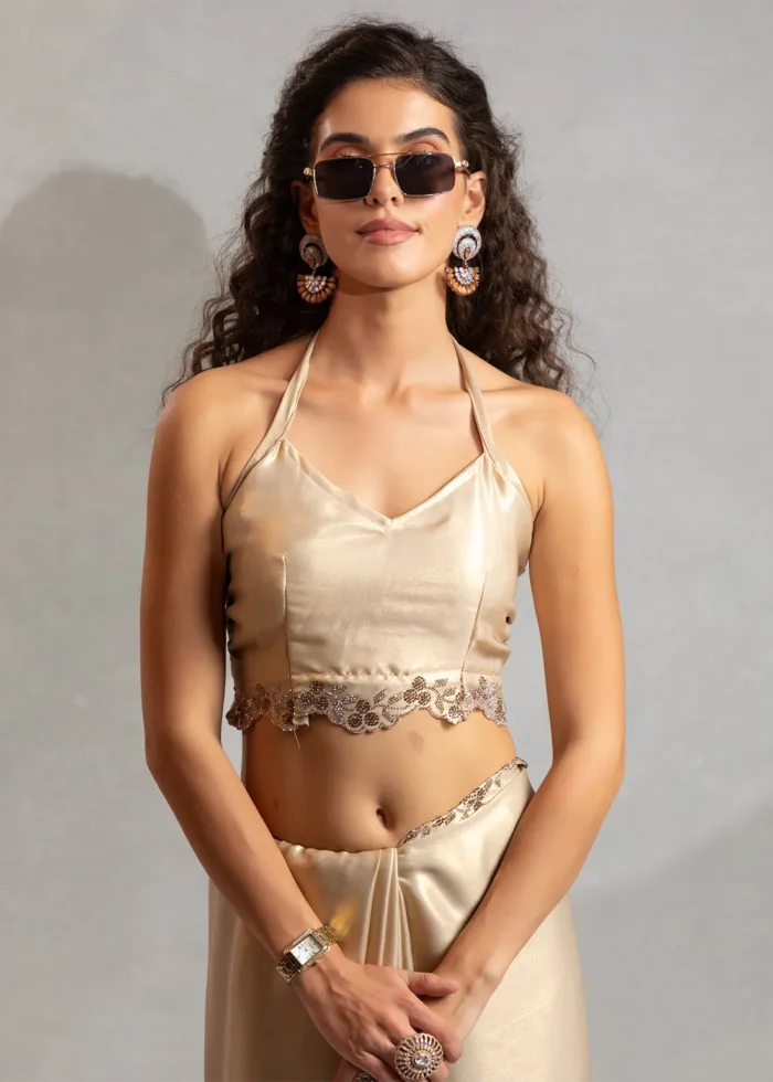 Scalloped Beige Satin Georgette Saree