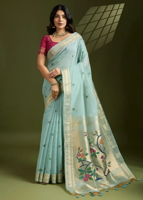 Turquoise Muga Cotton Paithani Saree with Rani Pink Blouse
