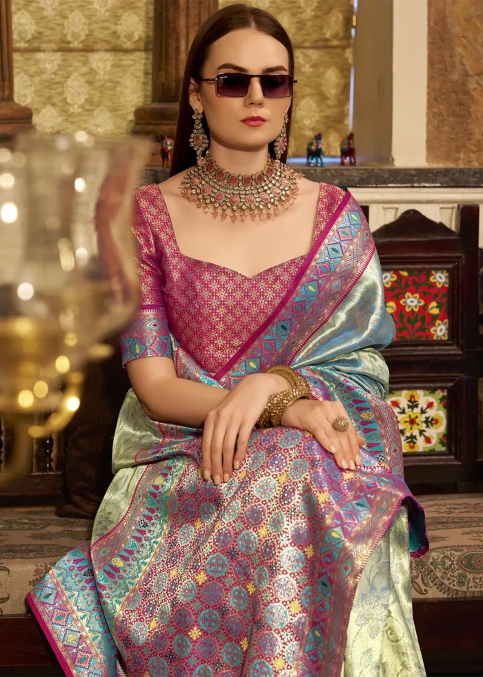 Turquoise Paithani Silk Saree with Magenta Blouse