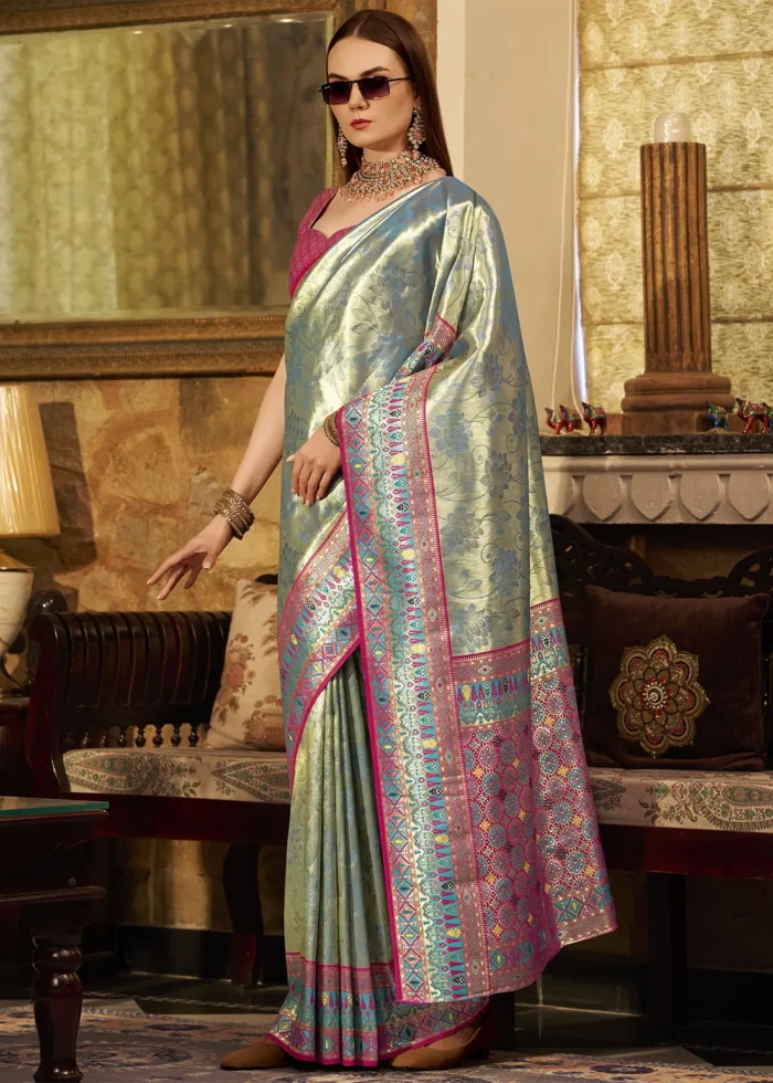 Turquoise Paithani Silk Saree with Magenta Blouse
