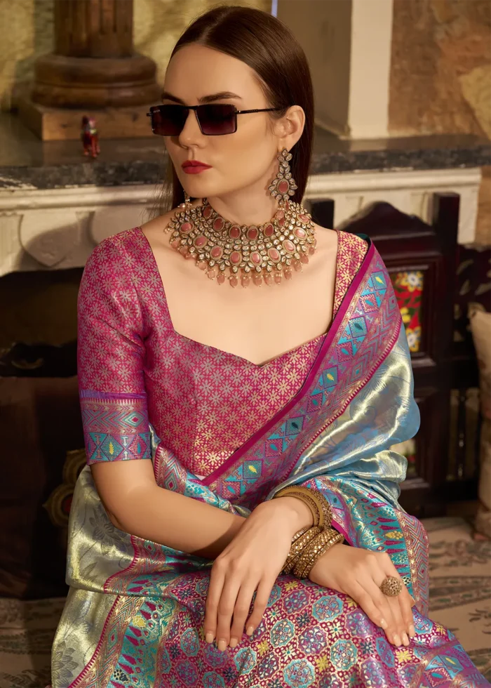 Turquoise Paithani Silk Saree with Magenta Blouse
