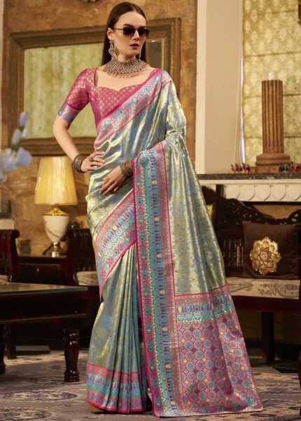 Turquoise Paithani Silk Saree with Magenta Blouse